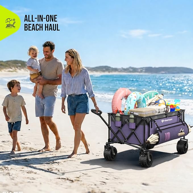 48'' Extra Large Collapsible Wagon with Big Wheels, 300L Purple | 560LBS Heavy Duty, Wagons Carts Foldable, All-Terrain, Brakes, Folding Cart, Utility for Beach/Camping/Garden/Sports/Grocery