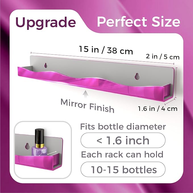 Wall-Mounted Nail Polish Organizer Rack - 15 Inch Pink Mirror Finish Nail Polish Shelf, Makeup & Beauty Essentials Storage - Multi-Purpose Display Holder for Small Space, Vanity Bathroom, 6 Pack