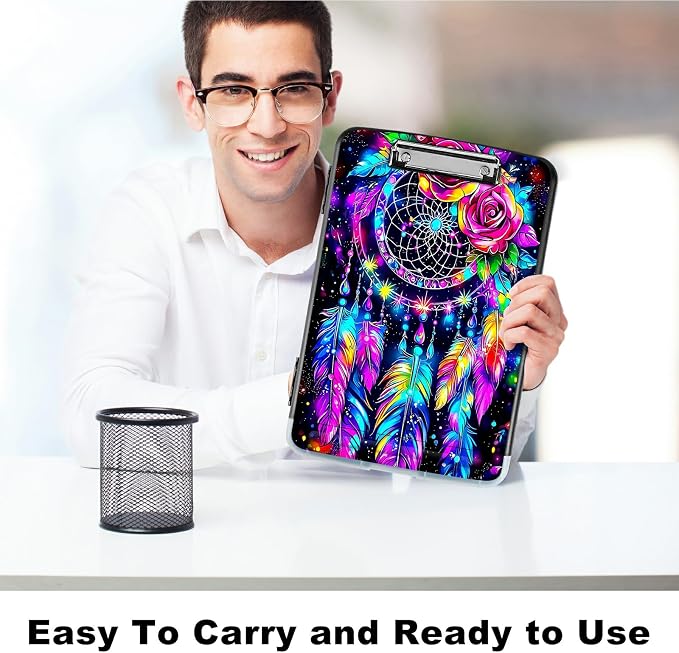 Artistic Dreamcatcher A4 Clipboard with Storage Pen Holder, Clipboards Organizer Nursing Clipboard Foldable File Folder Plastic Clipboard Folio Clip Board for Office Students Classroom