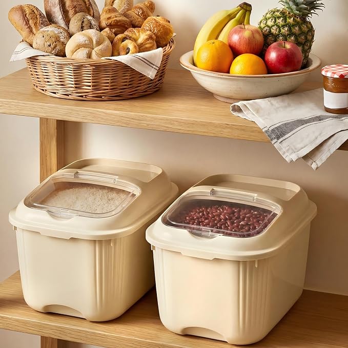 Blushtier 4 Pack Sugar Storage Containers Flour Bin with Wheels Large Pet Dog Food Storage Boxes Measuring Cup Sealed Transparent Flip Lid Portable Household Rice Container Set (Yellow,20 Lbs)