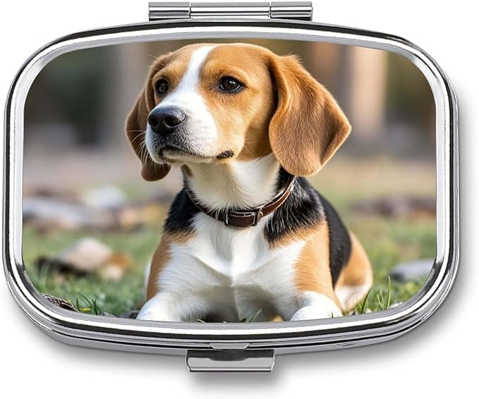 Metal Pill Organizer 2 Compartment Travel Pill Case with Mirror Waterproof & Leak-Proof Pet Dog Beagle Pill Boxes for Daily Meds Vitamins Supplements Fits in Purse Pocket Bag