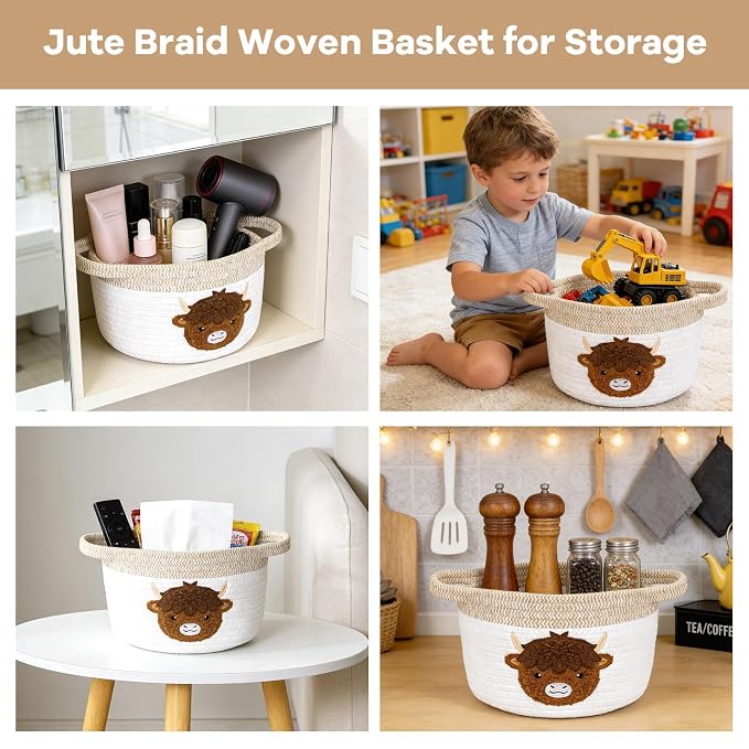 Highland Cow Gift Basket - Small Woven Cotton Rope Organizer Basket for Nursery, Pet Toys & Baby Shower, Foldable Decorative Bin with Handles (7.8x6in)