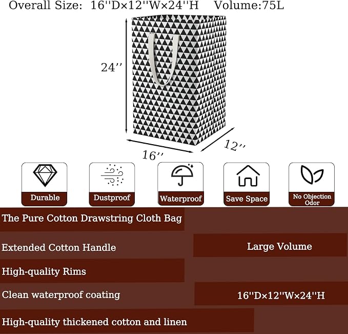 75L Waterproof Laundry Hamper Collapsible Laundry Basket Cotton Handle Laundry Bag Large Clothes Storage Toy Organization for Bathroom Bedroom Laundryroom College Dorms