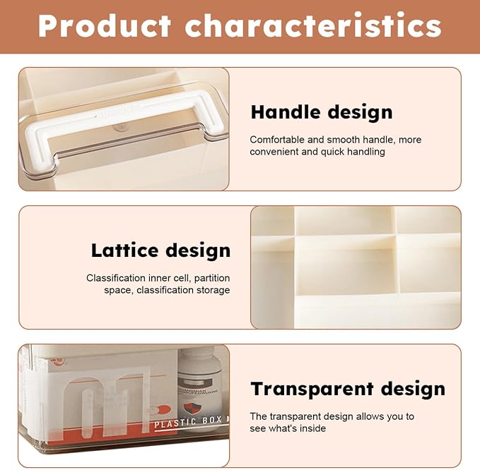 Clear Medicine Organizer Storage Box with Handle, Clear Plastic Medicine Storage Organizer and First Aid Box, Multipurpose Medication Organizer Storage for Home, Office and Travel