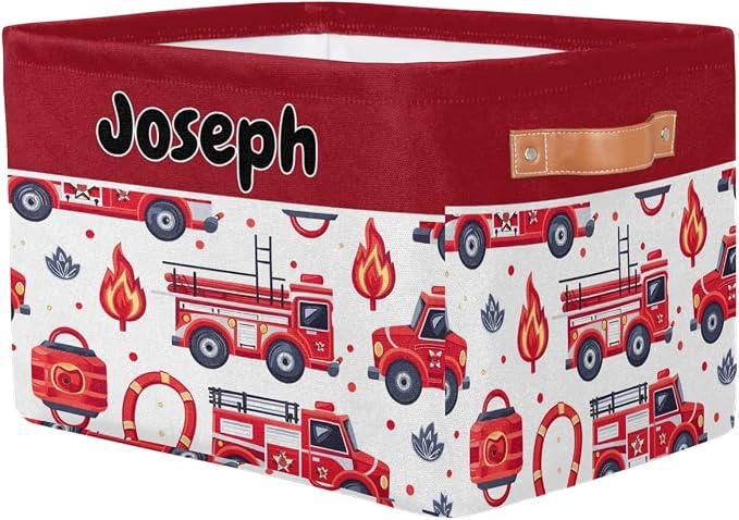 Personalized Foldable Storage Basket with Name for Boys, Laundry Hamper Dirty Clothes Pet Toys Storage Bin with Handles for Shelf Home Closet Kitchen, Fire Engines Cartoon