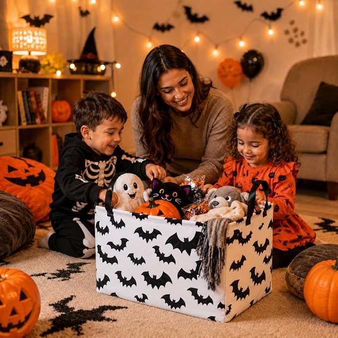 Halloween Batman Basket Gothic Bat Storage Kids Toy Organizer Room Decor | Collapsible Waterproof Kids Laundry Basket With Handles,Multi-scene Organizer for Home Bedroom,Black Bats Gift Bin
