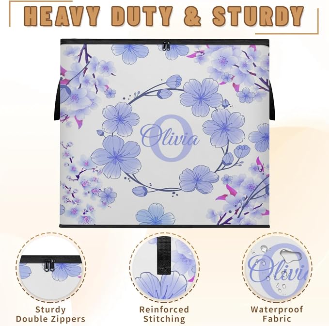 Custom Name Storage Bin with Lid, Personalized Extra Large Watercolor Blue Cherry Blossom Storage Basket with Handles Zippers for Comforters, Blankets, Bedding Closet Shelf Baskets, Initial Letter
