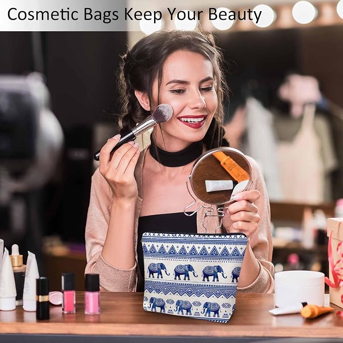 Elephant Cosmetic Bags For Women, Ethnic Geometric Elephant Roomy Makeup Bag Toiletry Bag Accessories Organizer Storage Bags Makeup Pouch For Travel Business Gym Camping Bathroom, Blue