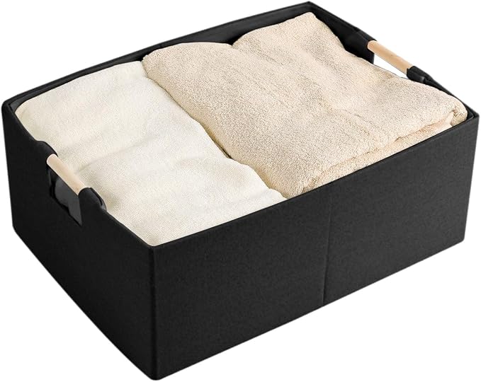 Fabric Storage Box, 15x11in Foldable Cotton Linen Basket with Wooden Handle | Medium Rectangular Cube Decorative Home Laundry Organizer Clothes Blanket Container Organizing Clothes Sheets Jeans, Black