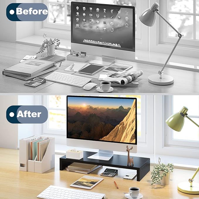 TEAMIX 20 Inch Monitor Stand Riser for Desk, Wood Computer Stand, Black | Fits Laptop, Printer, TV, PC Tower, Full Keyboard Storage Underneath, Ergonomic, Desk Organizer for Home Office, Gaming Setup