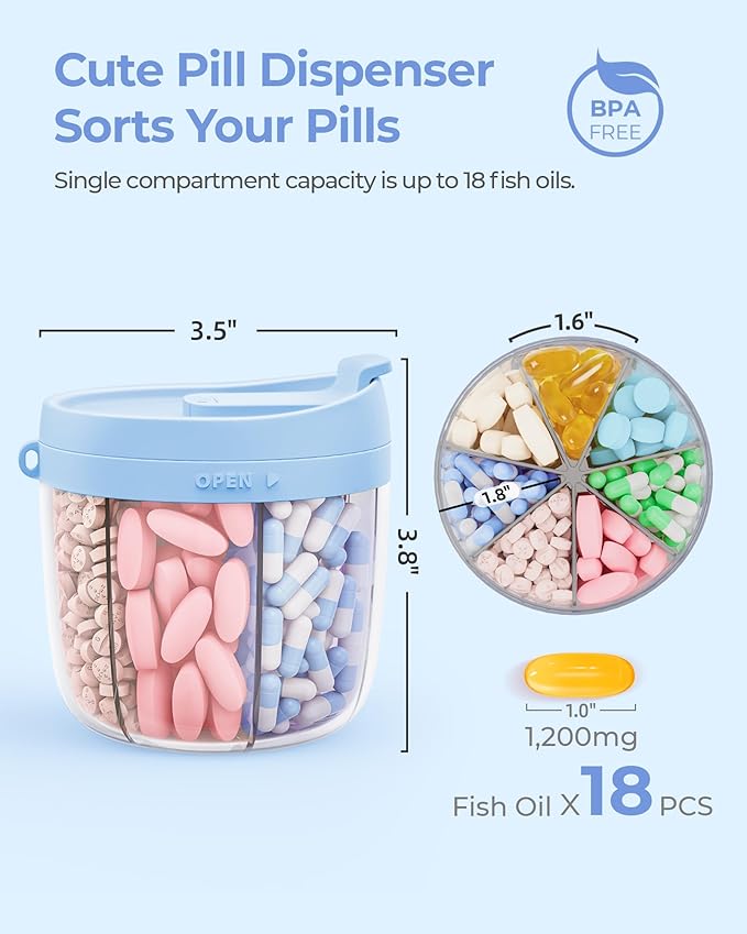 AMOOS Cute Pill Dispenser with Anti-Mix Design, 7-Slot, BPA-Free, Patented | Portable Travel Pill Organizer, Wide Mouth for Easy Access, Pill Bottle Organizer for Vitamins, Fish Oils, Supplements, Blue