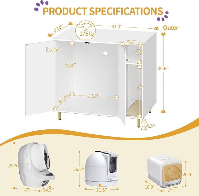 Hzuaneri Large Cat Litter Box Enclosure, Automatic Litter Box Furniture | Wooden Self-Cleaning Cat Cabinet with Storage & Scratch Pad, Modern Cat Washroom, End Table, White and Gold CB87103G