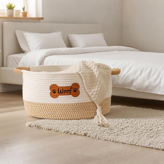Dog Toy Basket, Dog Toy Box Organizer Baskets, Woven Cotton Rope Pet Puppy Dogs Toy Bin With Handle, Chew Toys Blankets Leashes Storage Baskets for All Pets - Puppies to Large 14" L x 10.2" W x H 7.9"