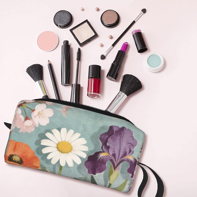 Spring Floral Garden Makeup Bag for Women with Wrist Strap | Durable 600D Oxford Fabric Cosmetic Organizer,Compact Travel Pouch with Handle for Gym & Daily Use