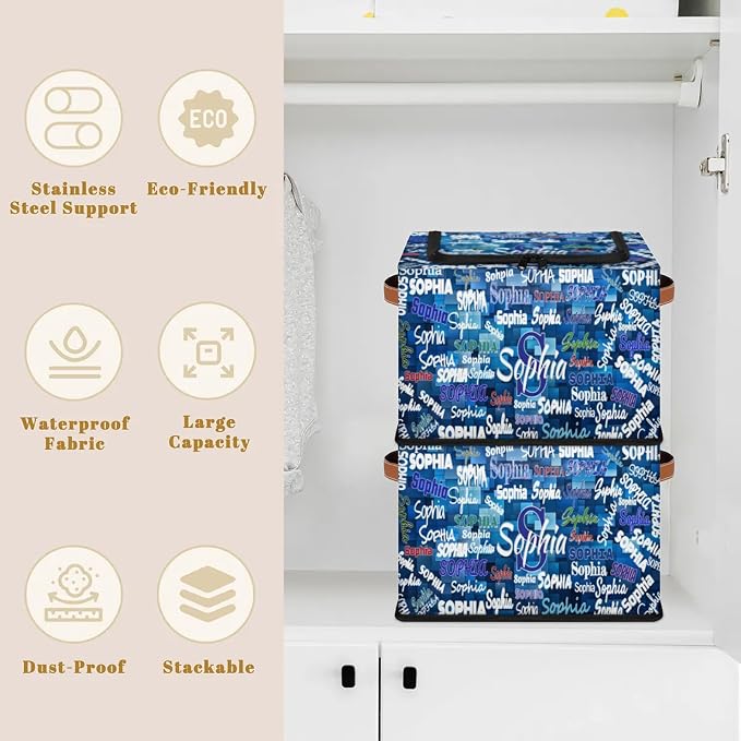 Personalized Storage Basket with Name, Rectangle Toys Storage Bin with Handles Zipper Lid for Boys, Blue Geometrics Pattern Collapsible Basket for Clothes, Books