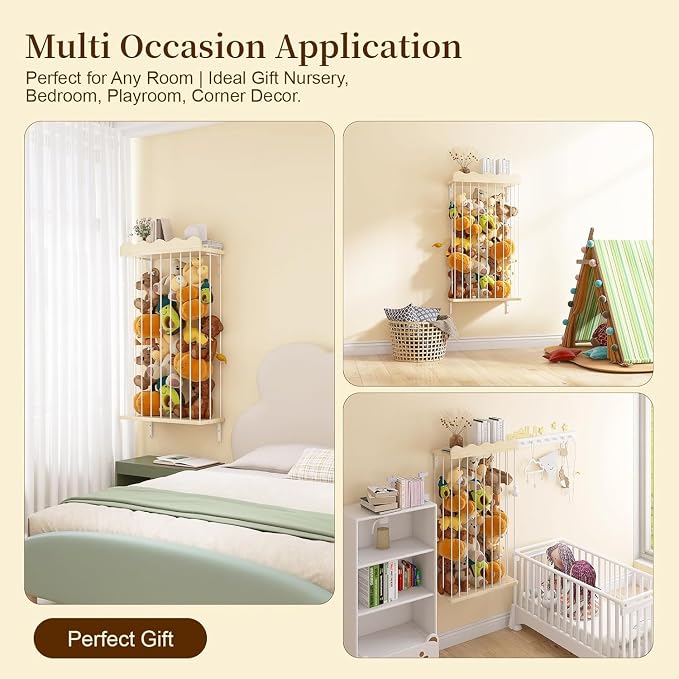 Adjustable Stuffed Animal Storage with Shelf (Patented) - Large Wooden Hanging Plush Toy Organizer - Corner Stuffy Animals Hammock Net Holder for Kids Room, Nursery, Bedroom