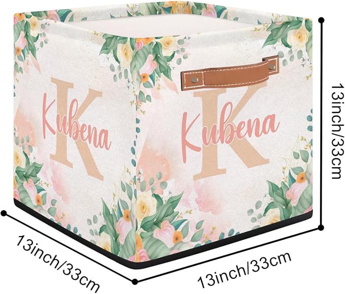 Personalized Name-Initial Pink Flower Storage Baskets for Girls Women, Custom Portable Square Storage Bins with Handles Foldable Organizer for Clothes, Toys, Blanket, Towel,Pet 13”
