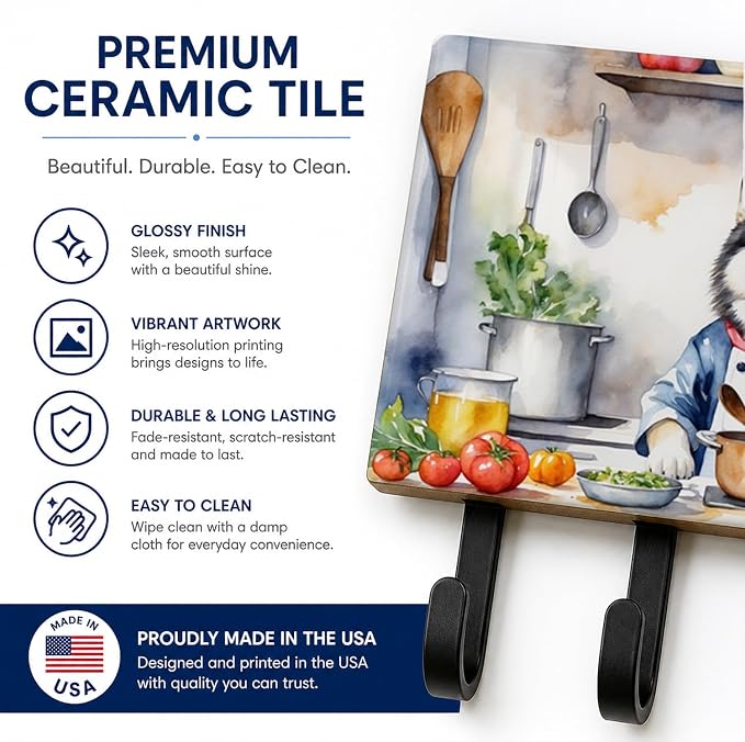 Caroline's Treasures Alaskan Malamute The Chef Leash or Key Holder Wall Hooks, Key Hooks Holder, Coat Rack Wall Mount, Coat Hooks, Hooks for Hanging Keys, Towels, Aprons, Leashes | Alaskan Malamute The Chef artwork on ceramic tile with three steel hook...