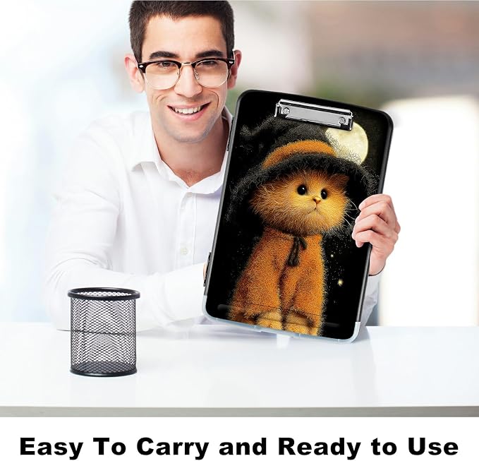 A4 Clipboard with Storage Pen Holder, Clipboards Organizer Nursing Clipboard Foldable File Folder Plastic Clipboard Folio Clip Board for Office Work Classroom Doctor, Black Hat Kitten