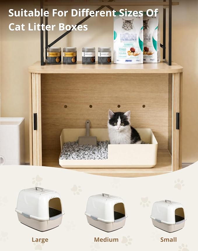31.5" Cat Litter Box Enclosure,Hidden Litter Box Furniture with 2-Tier Storage Shelves,Wooden Cat Washroom and Pet House with Sliding Tambour Door for Living Room, Oak