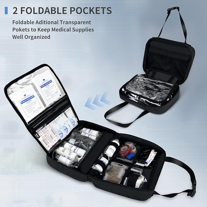 Portable First Aid Bag, Empty Emergency Trauma Kit with Reflective Strips, Multi-Compartment Medical Organizer for Travel, Camping, Car, Outdoor and Home, BAG ONLY (Black)