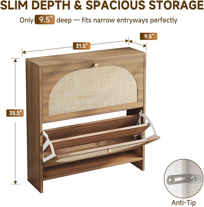 Rattan Arched Accent Shoe Storage Cabinet - Freestanding Ultra Slim for Entryway, 2 Flip Drawers & 3-Tier Adjustable Shelves, Farmhouse Modern Rustic Shoe Rack for Hallway, Foyer, Living Room