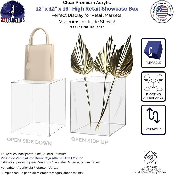 Marketing Holders 12" x 12" x 16" Clear Acrylic Display Box with One Open Side No Lid Versatile Tall Retail Product Riser Storage Bin or Wedding Floral Centerpiece Pedestal