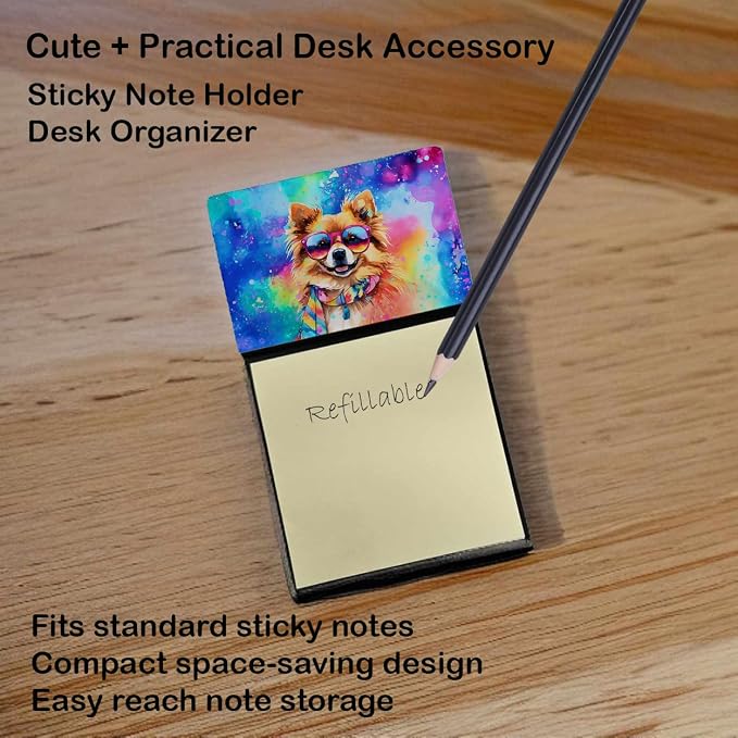 Caroline's Treasures Pomeranian Hippie Dawg Sticky Note Holder Refillable Dispenser Self-Sticky Note Pads, Memo Pads Blank Desk Accessories