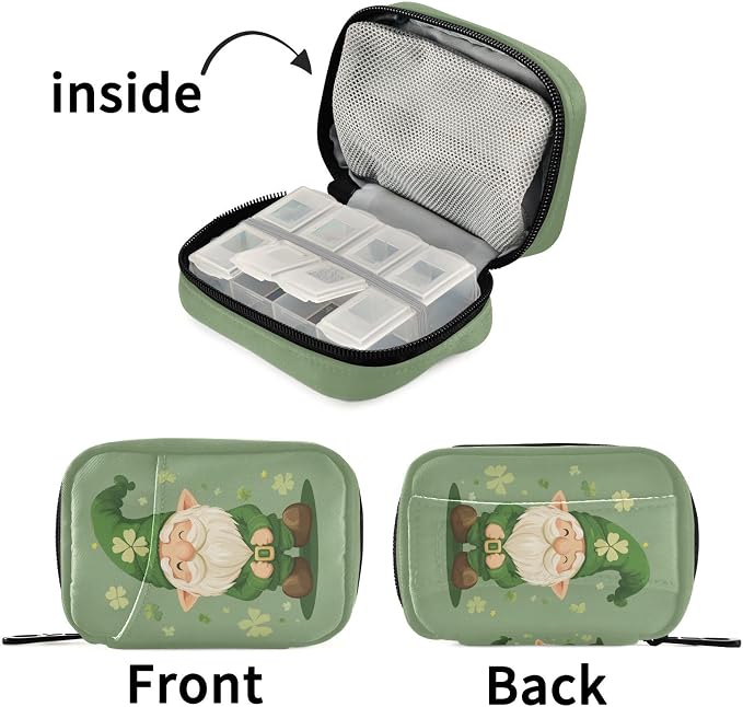 Fustylead St Patrick Day Cute Gnome Travel Pill Case Bag with Zipper Weekly Pill Box 8 Compartments 7 Day Personal Pill Case Purse Medicine Case Organizer