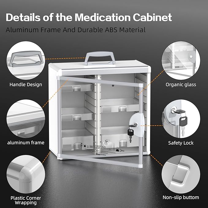 Lockable Medicine Cabinet with 5 Removable Trays, Wall Mounted & Portable Locking Medicine Cabinet Organizer with Key Lock for Home, Bathroom, Office - Aluminum Frame(13.6x6.5x12.4Inch)