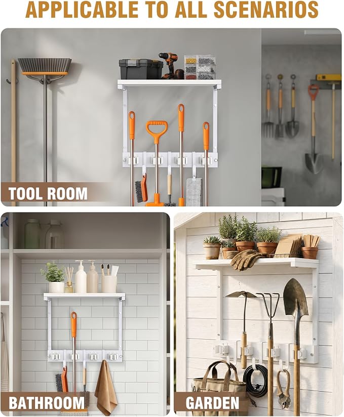 Supforce Small Broom Holder Wall Mount with Shelf, 4 Slots 3 Hooks | White, 2-In-1 Wall Mount Stores Brooms/Mops, Cleaning Supplies With 4 Grippers/3 Hooks And A Sturdy Wooden Top Shelf