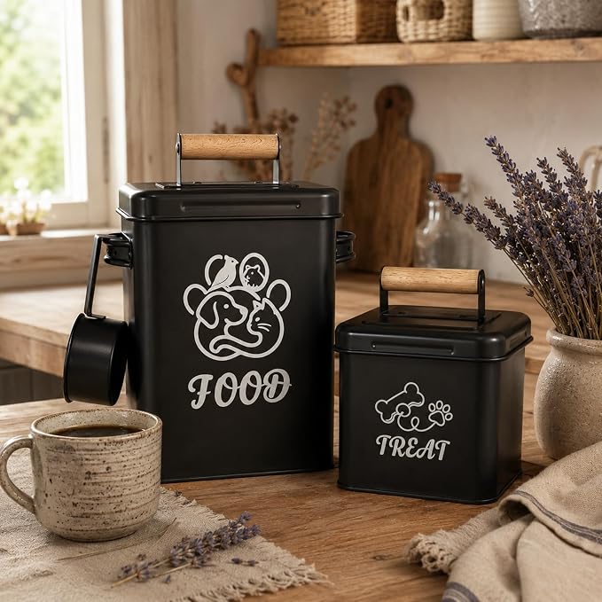 Airtight Dog Treat Container Set of 2 | Iron jars, 26 cup capacity, food-grade coated, includes 1 scoops, keeps treats fresh, fits kibble & biscuits,black