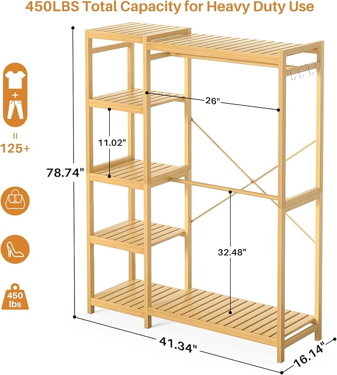 Bamboo Closet System Set of 2, 41.4” Wide Clothing Rack, 78.8” Tall | Freestanding Clothes Rack with 14 Adjustable Shelves, 4 Rods, 8 Hooks, Open Wardrobe Organizer, Wood Garment Rack for Bedroom