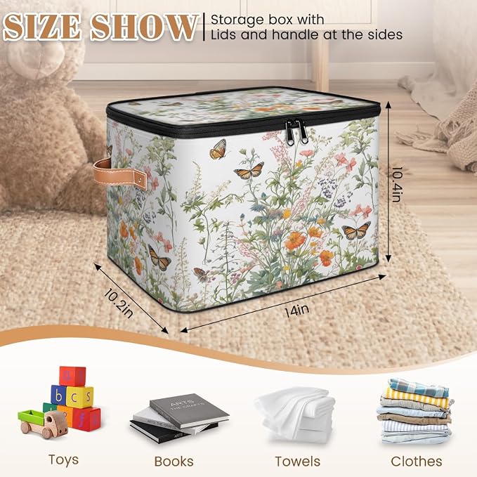 Pardick Storage Bin Wild Floral Butterfly Storage Baskets with Zipper Lid & Handle Foldable Closet Shelf Cloth Organizer Basket Cube Bins Clothes Organizer for Nursery, Bedroom