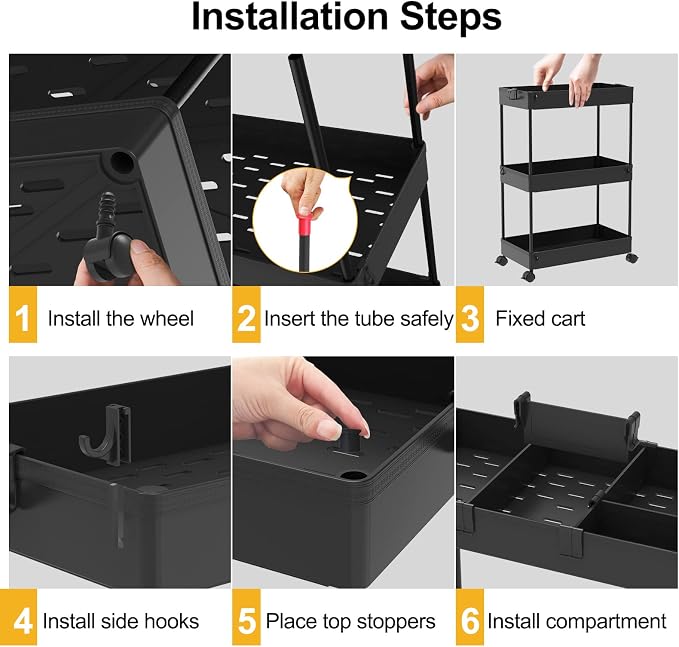 3 Tier Rolling Cart with Wheels, Storage Craft Art Trolley Organizer Serving, 3 Hanging Baskets Easy Assembly, for Office, Bathroom，Living Room, Kitchen, Black