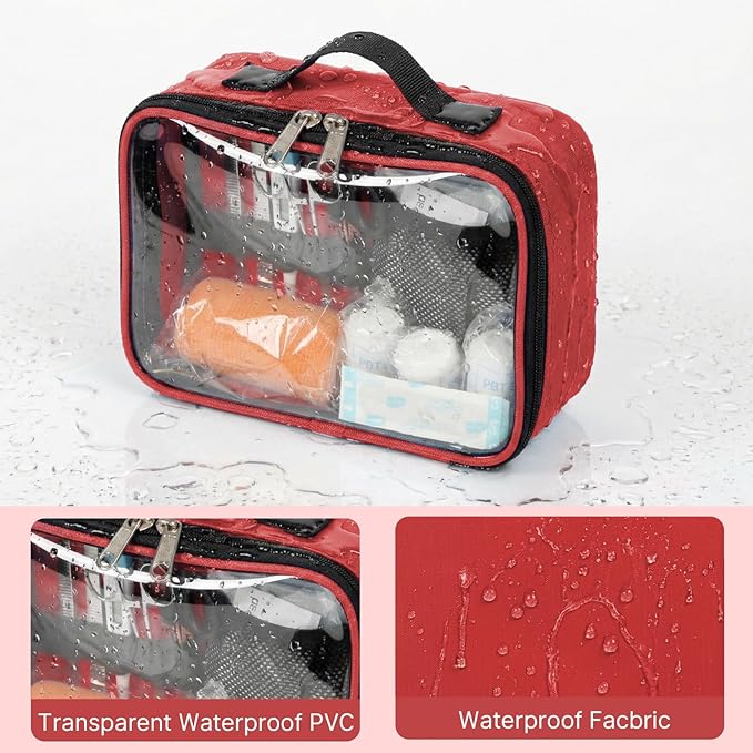 Empty First Aid Bag Clear PVC Waterproof Organizer Pouch Zipper Colored First Aid Kit for EMT Outdoor Travel (Red)