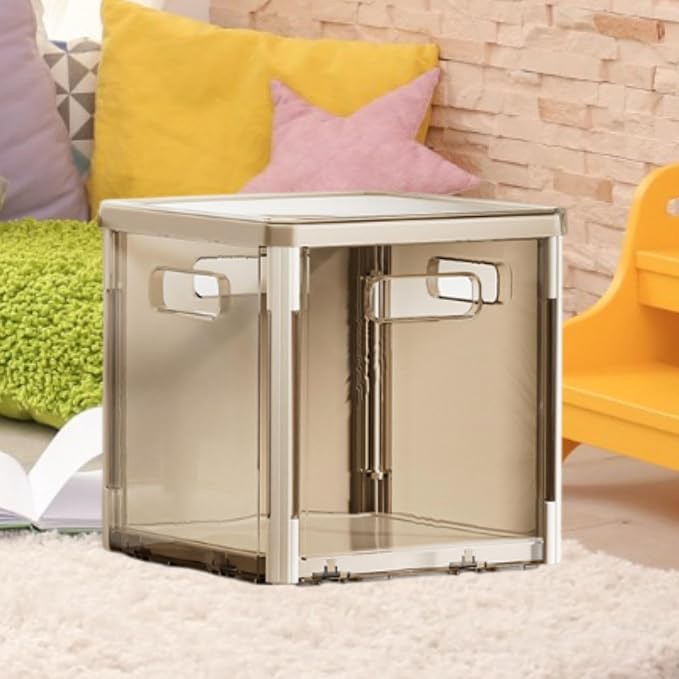 Foldable Storage Box Stackable Organizer Bin Container with Lid and Handles Portable Lightweight Dustproof PET Suitable for Clothing Bedding Books, Light Gray