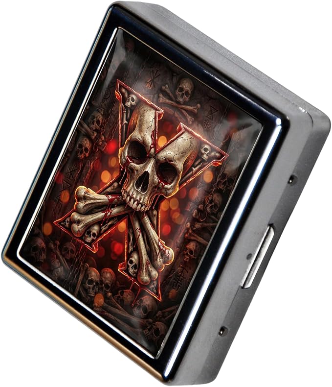 Weekly Pill Organizer, Metal Pill Box with 8 Compartments, Small Travel Pill Case for Purse Pocket, Medicine Vitamin Supplement Organizer (Blood Skull X)