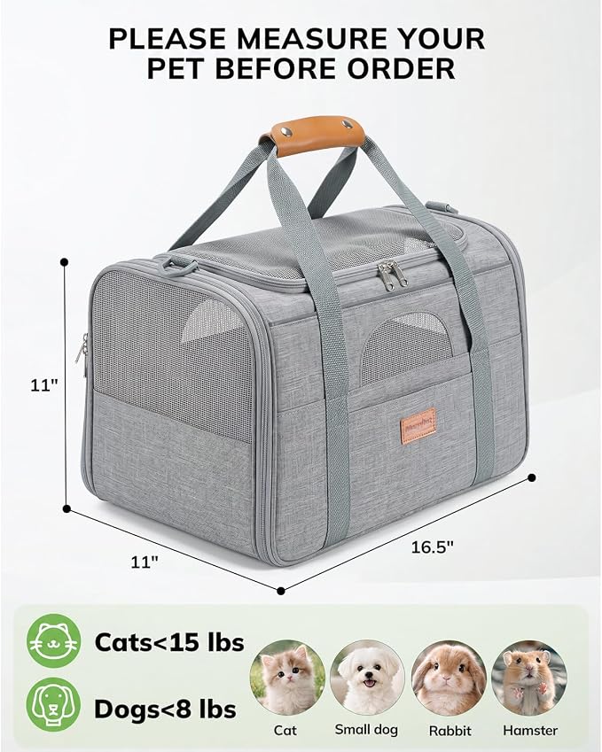 Morpilot Airline Approved Cat Carrier for Pets up to 15lbs,16.5" x11" x11" | Soft-Sided Pet Travel Carrier with 4-Sided Mesh Ventilation for Cats & Puppies (Light Gray)