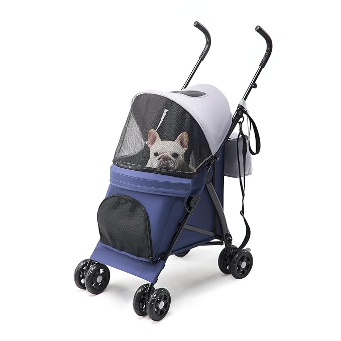 Lightweight 10 lbs Foldable Pet Stroller for Small Dogs & Cats, Easy-Fold Compact, with Adjustable Sun Canopy, Cup Holder, Breathable Mesh, Pad & Storage Bag, Holds 33 lbs, Blue Gray