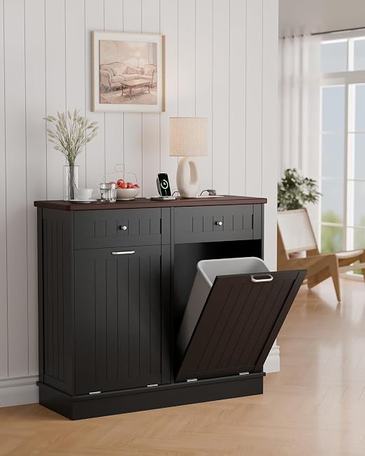 Betterhood Double Tilt Out Trash Cabinet with Power Outlet & USB, Hidden Garbage Can Holder with 2 Storage Drawers, Wooden Laundry Hamper for Kitchen, Bathroom, Living Room, Black