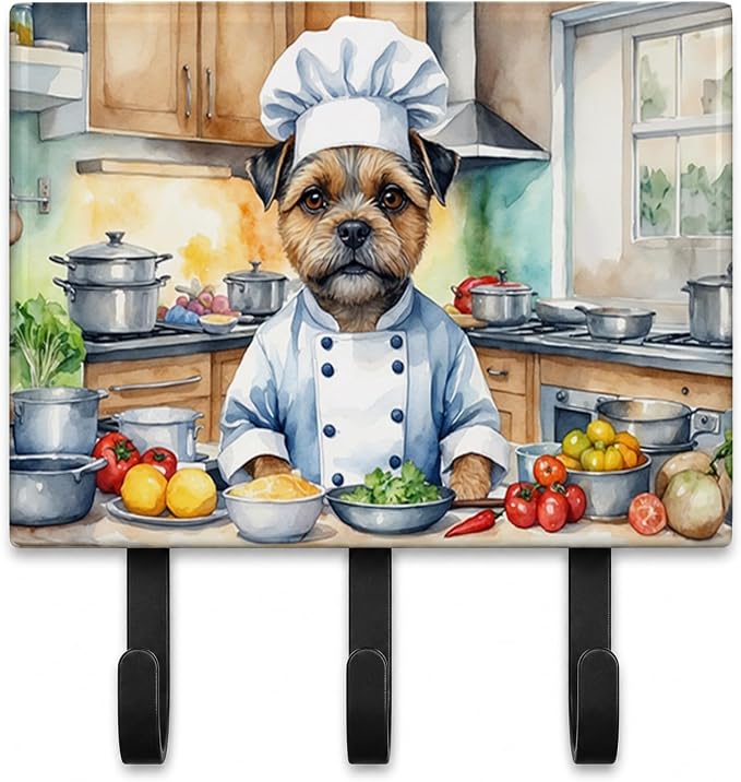 Caroline's Treasures Border Terrier The Chef Leash or Key Holder Wall Hooks, Key Hooks Holder, Coat Rack Wall Mount, Coat Hooks, Hooks for Hanging Keys, Towels, Aprons, Leashes | Border Terrier The Chef artwork on ceramic tile with three steel hooks fo...