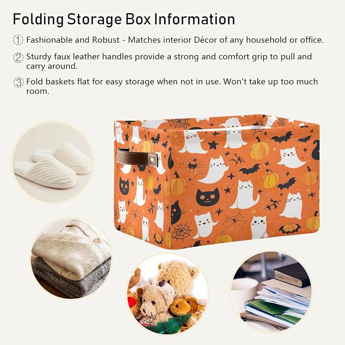 Kigai Storage Basket, Fabric Collapsible Closet Organizer Bin | Halloween Boo Waterproof Foldable Canvas Basket with Handles for Shelves, Nursery, Closet, Bedroom & Bathroom