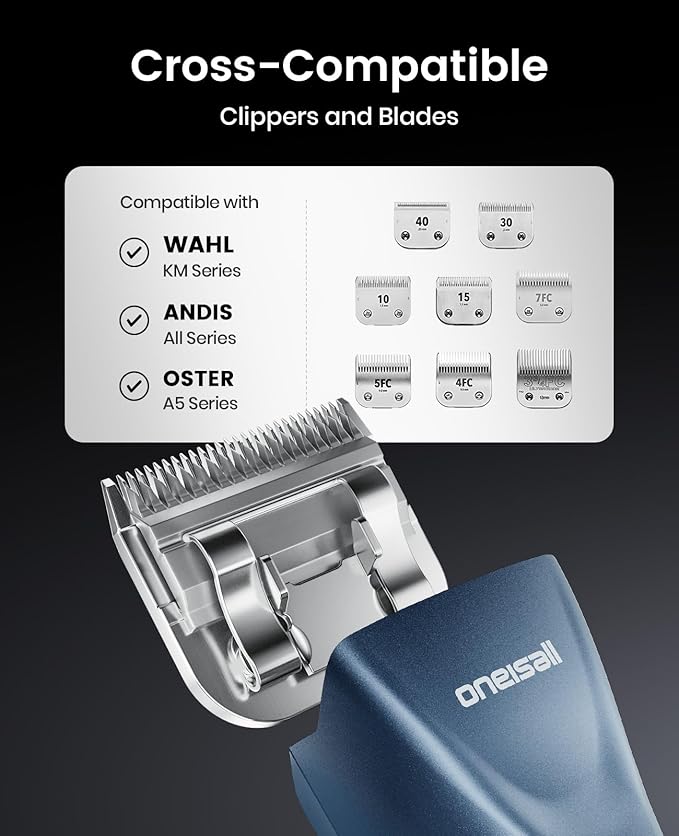 oneisall Professional Dog Grooming Clippers, Cordless Professional Dog Clippers for Grooming, 2-Speed Heavy Duty Clippers for Thick Curly Matted Coats, A5 Blade, Detachable Batteries, Metal Combs