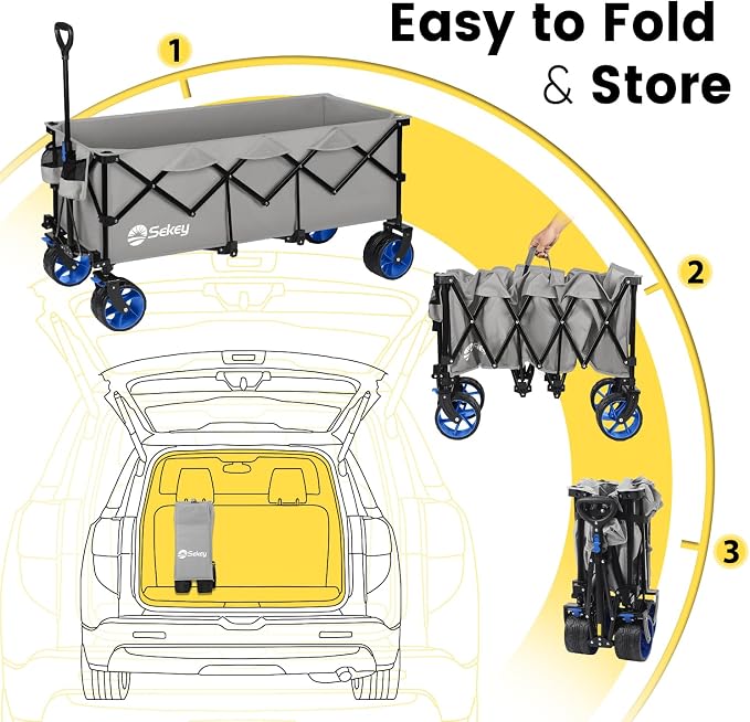 Sekey Extended Collapsible Foldable Wagon with 660lbs Weight Capacity, Heavy Duty Folding Utility Garden Cart with Big All-Terrain Beach Wheels & Drink Holders. Light Gray