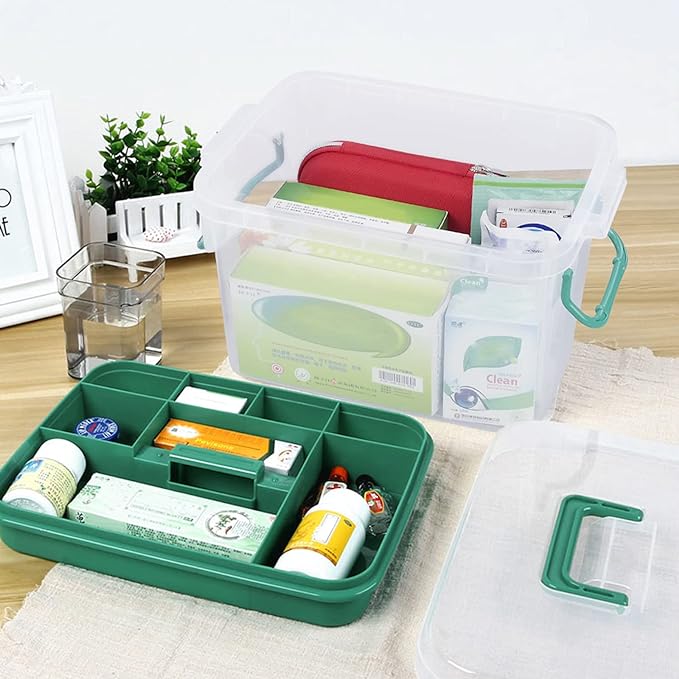 1-Pack Clear Storage Box Container, Family First Aid Box with Handle | 15 QT Medicine Box Organizer with Tray, Durable Plastic, Thickened Medicine Storage Organizeron