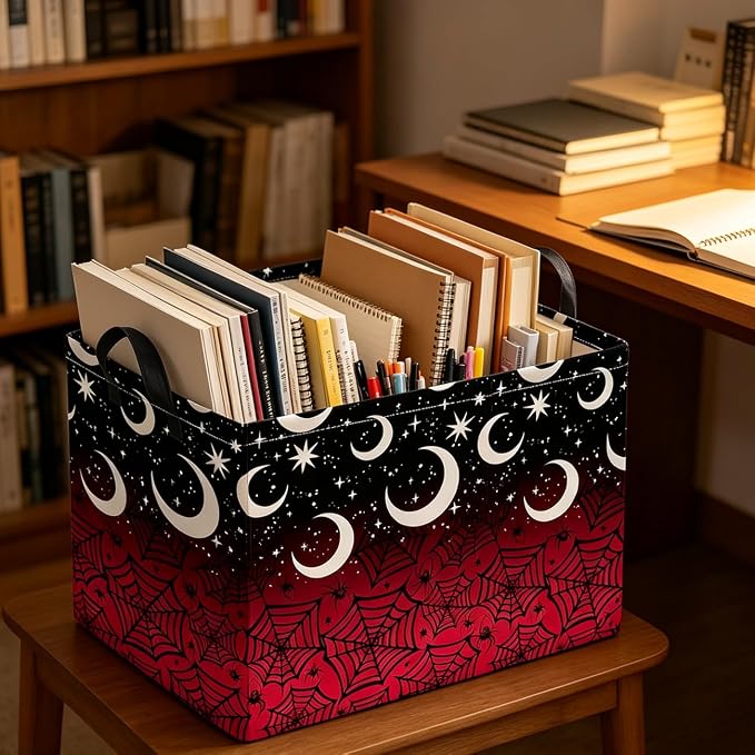 Rectangle Storage Basket with Handles,Collapsible Storage Bin,Books Box,Gift Basket(Dark Night Spiderweb)