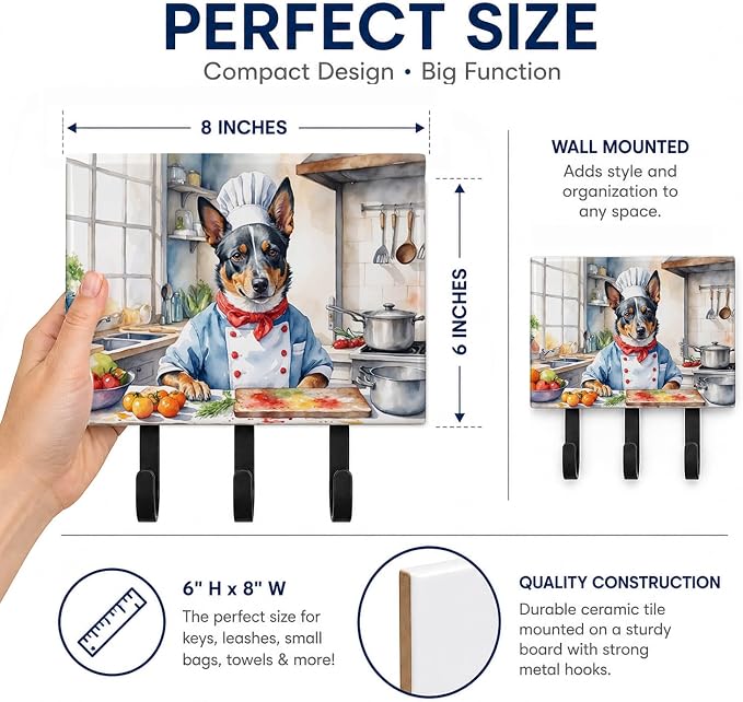 Caroline's Treasures Australian Cattle Dog The Chef Leash or Key Holder Wall Hooks, Key Hooks Holder, Coat Rack Wall Mount, Coat Hooks, Hooks for Hanging Keys, Towels, Aprons, Leashes | Australian Cattle Dog The Chef artwork on ceramic tile with three ...