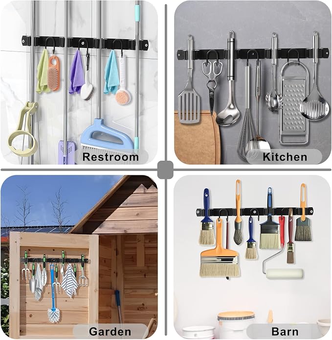 Broom Holder Wall Mount, Stainless Steel Mop Hanger with 4 Slots 6 Hooks, Tool Storage Wall Organizer for Kitchen Garden Garage Laundry Room Bathroom and RV, Black 1-Pack