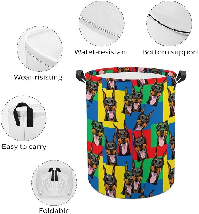 Waterproof Collapsible Hamper Doberman Pinscher Dogs, Large Capacity Laundry Basket with Handles for Clothing, Toy, and Home Organization